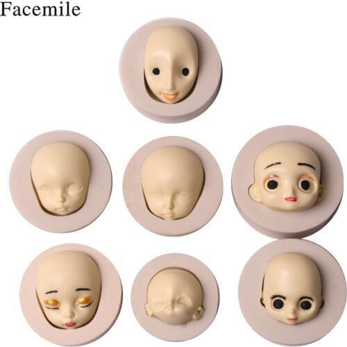 7PCS 3D Face DIY Doll Silicone Mold Chocolate Fondant Craft Xmas Cake Decoration Mold Sugarcraft Mould Baking Tool Random Color