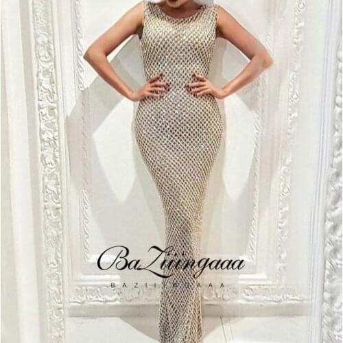 BAZIIINGAAA Luxury Woman Cocktail Dress Beaded Sequins Long Elegant Night Cocktail Party Formal Dresses for Wedding Plus Size