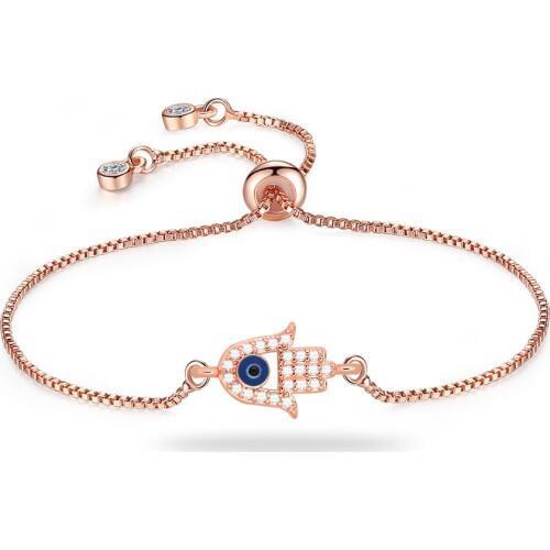 Shiny White Cubic Zirconia Copper Hamsa Hand Blue Evil Eye Luck Charm Bracelet Women Girl Cute Small Hand Fatima Fashion Jewelry