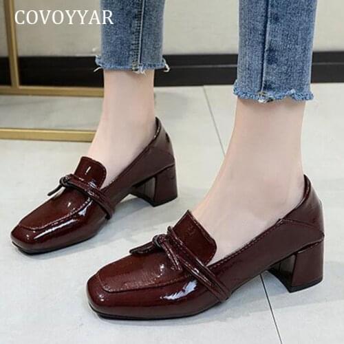 COVOYYAR Vintage Shoes Women Lady Pumps Patent Leather Oxfords College Uniform High Heels Slip-on Loafers Casual Shoes WHH291