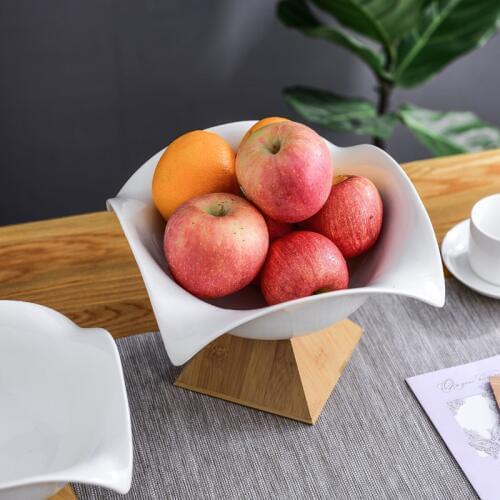 Ceramic Fruit Bowl Salad Bowl Dessert Plate Nordic Home Kitchen Tableware Snacks Storage Fruit Basket Bamboo Base