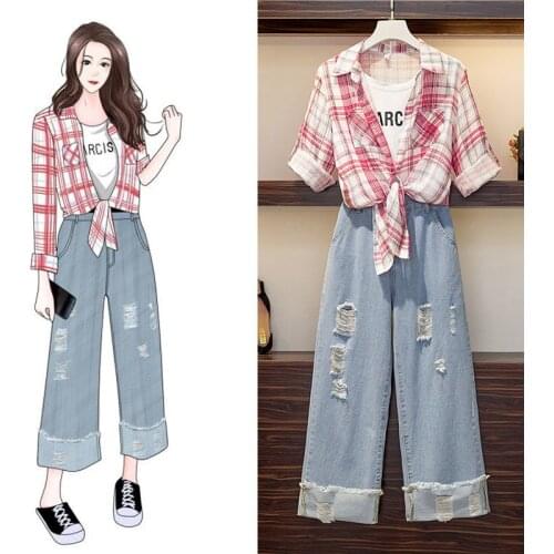 One piece/large size womens 200 kg summer suit, blouse, age reduction, belly, thin, fat sister, two-piece jeans