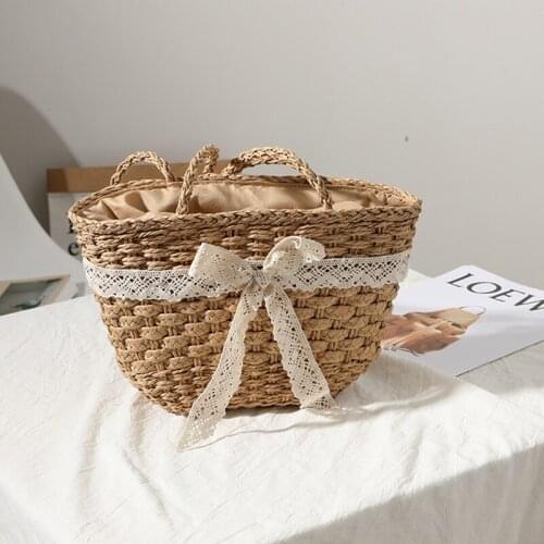 New Lace Bowknot Woven Womens Shoulder Bags Summer Straw Beach Bag Fashion Designer Bucket Female Handbags Shopper Wallet Purse
