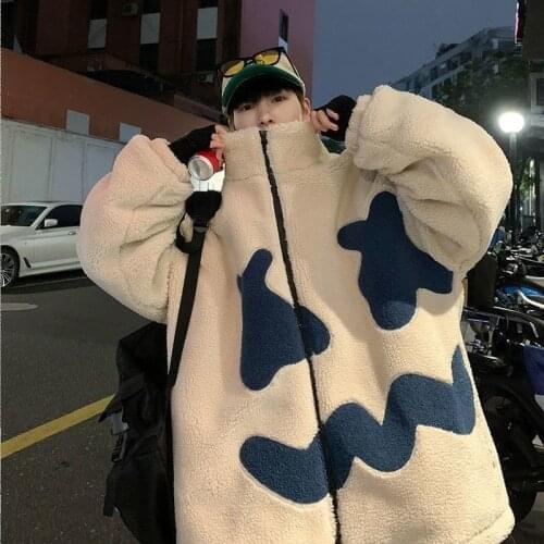 2021 Man Teddy Bear Coat Autumn Winter Plush Thick Black Blue Women Lamb Embroidery Hooded Smiling Couples Jacket Koran Fashion