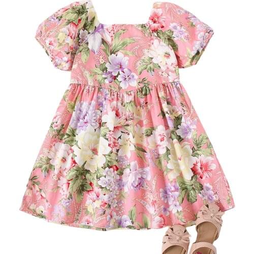 2-6Years Girl’s Sweet Puff Sleeve Mid-length Dress Fashion Flower Square Collar Pleated Princess Dress