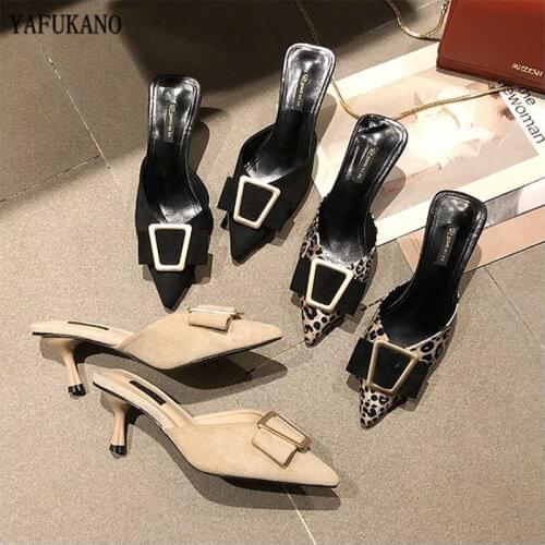 Fashion Women High heel Slippers Slip On Mules Leopard Shoes Sexy Metal Buckle Pointed Toe 7.5cm Ladies Slippers