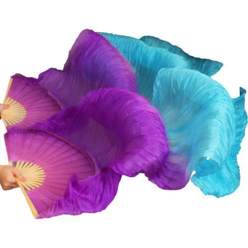 New 100% Natural Silk Handmade Dyed Bamboo Ribs Dance Props Fans Belly Dance Silk Fans 1Pc Left hand+Right hand Purple+Turquoise
