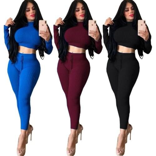 Adogirl Autumn Knit Ribbed Women Tracksuit Turtleneck Crop Top + Pencil Pants Two Piece Set Casual Bodycon Women Sports Sets