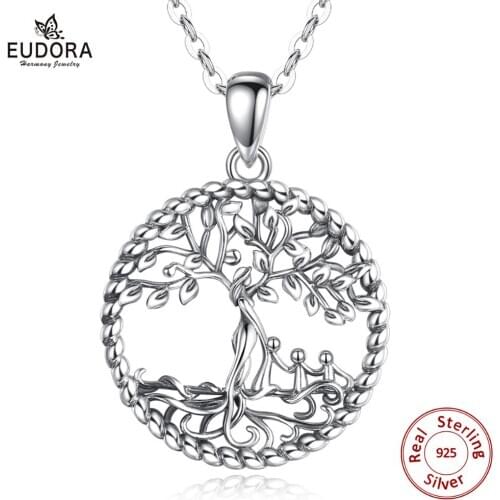 EUDORA Sterling Silver Tree Of life Pendant Silver Family tree Necklace with Happy child Fine Jewelry for Women Party Gift D475