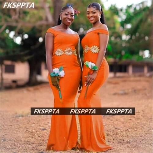 Off The Shoulder Orange Mermaid Bridesmaid Gown With Flowers Corset Floor Length Long Maid Of Honor Wedding Party Dresses Cheap