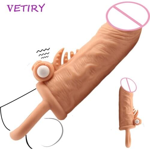 Realistic Penis Sleeve Reusable Vibrators Condom Penis Enlargement Sex Toys for Men Erection Delayed Ejaculation Cock Cover Ring
