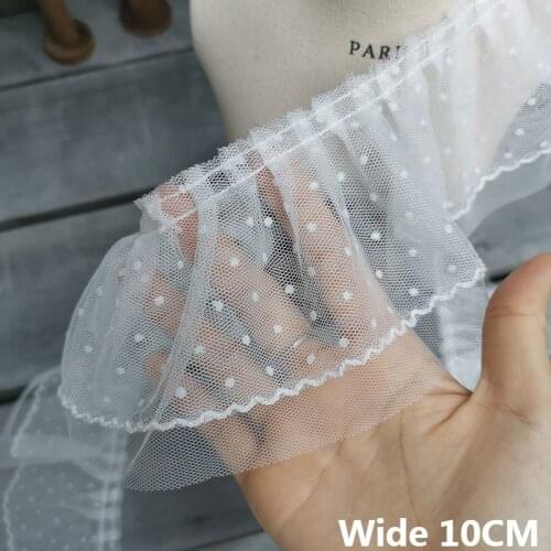 10CM Wide Luxury White Double Layers Tulle Mesh Embroidery Dots Fringe Ribbon Lace Collar Ruffle Trim Wedding Dress Sewing Decor