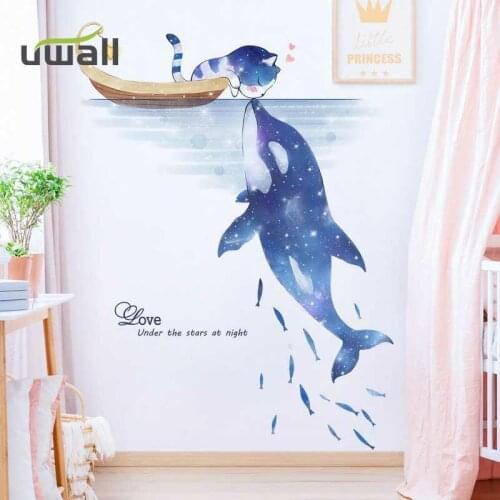Creative Cartoon Sea Cat Dolphin Self-Adhesive Wall Stickers Kids Room Decor Living Room Background Stickers Home Decoration