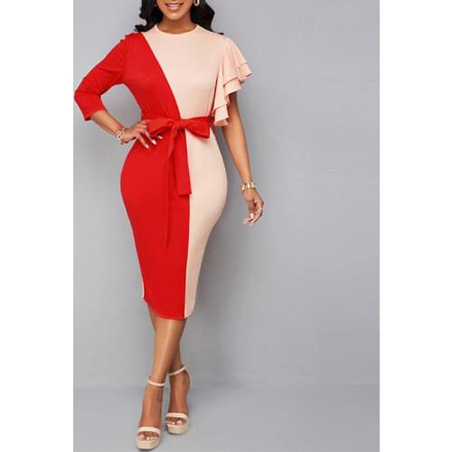 OTEN Sexy OL Bodycon 3/4 Sleeve Belted Slit Dresses Women Color Block Ruffle One Shoulder Evening Party Dress African Robe Femme