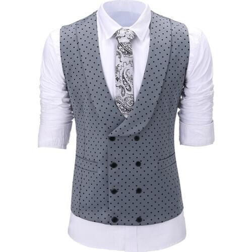 Grey Navy Waistcoat Mens Suit Vest Formal Polka Dots Double Brested Shawl Lapel leisure Business Wedding Evening