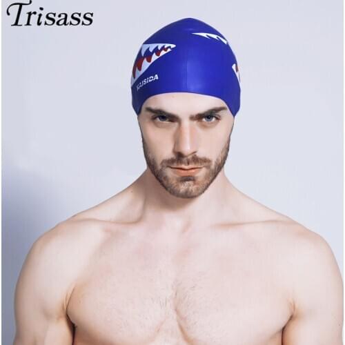Trisass Man Women Swimming Cap Waterproof Shark Plus Size Protect Swim Caps Ears Adult Sports Long Hair Silicone Swimming Hats