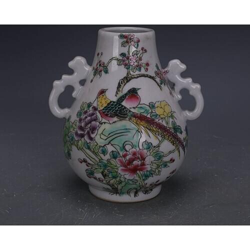 Qing Ju Ren Tang pastel flower and bird pattern cylinder shape vase Jingdezhen antique porcelain collection ornaments
