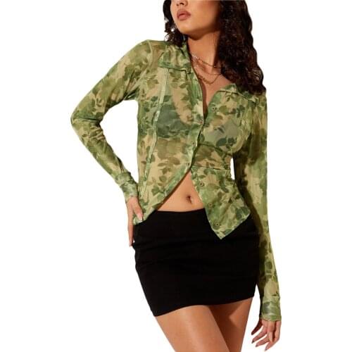 2021 Fashion Leaves Print Green Mesh Women Shirt Long Sleeve Turn-Down Collar Slim Fit Blouse Casual Sexy Perspective Tops