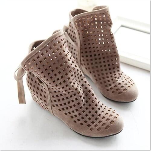 Big Size 34-43 Womens Summer Boots Flat Low Hidden Wedges Cutout Women Boots Ladies Dress Casual Shoes Cute Flock