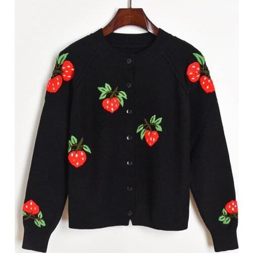 Strawberry Fruit Embroidery Cute Cardigan 2020 Autumn Winter Round Collar Knitted Cardigan Sweater Women Black Cardigan