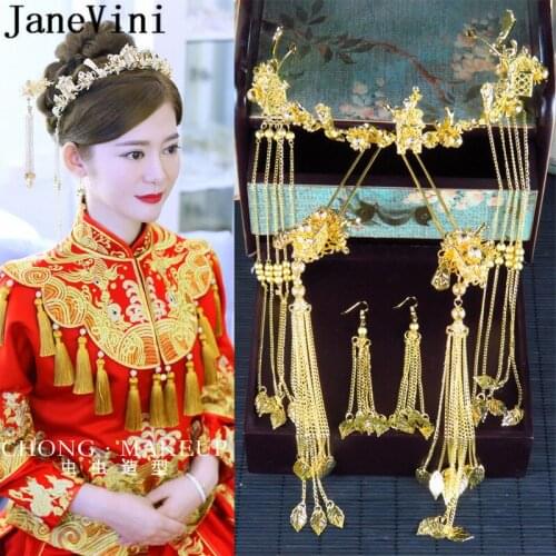 JaneVini Retro Long Tassel Chinese Bridal Headdress Gold Wedding Bride Hair Accessories Bride Pageant Tiara Hairpin Earrings Set