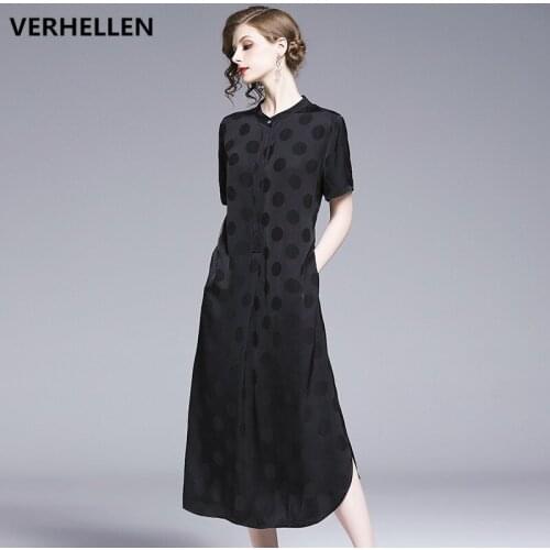 VERHELLEN 100% Silk High Quality Designer Runway Dress 2019 Summer Womens Short Sleeve O-Neck Casual Elegant Long Dress