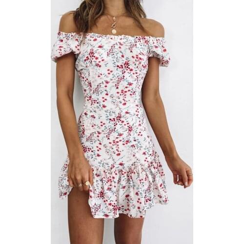 Women Summer Off the Shoulder Floral Print Dress 2021 Casual Ruffles Mini Vestidos Short Sleeve Female Short Beach Holiday Dress