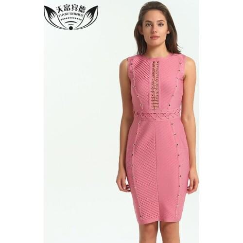 2018 New Fashion Elegant Party dress Sexy Metal Rviet Women Bandage Dress Sleeveless O-neck Celebrity Evening Party Dresses