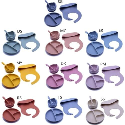 4PCS/set Baby Feeding Tableware Food Grade Silicone Bowl Bib Plate Spoon Silicone Feeding Set BPA Free GXMB