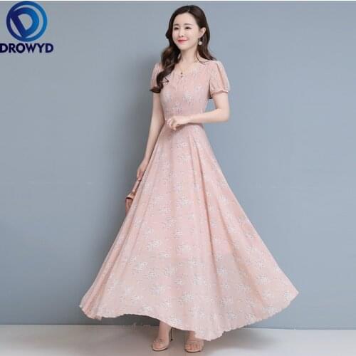 4XL Plus Size Beach Boho Midi Pink Dress For Women 2021 Summer Long Floral Print Chiffon Short Sleeve High Waist Dresses Vestido