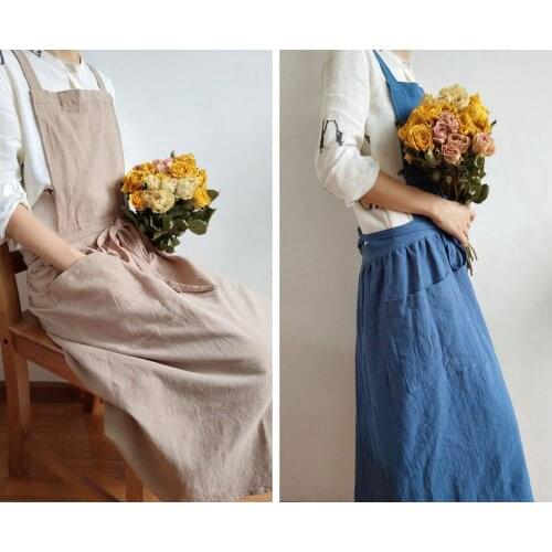 Retro Long Cotton Linen Apron Unisex Women Man Korean Home Baking Flower Painting Coffee Shop Work Dress Princess Skirt