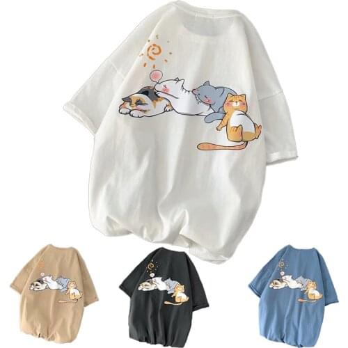 Summer Women T Shirt Fashion Streetwear print Cat Half sleeve Tops Tees Girl Japan Style Casual Cotton undershirt T Shirt Female