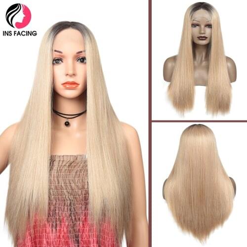 INS FACING Long Straight Synthetic Lace Front Wigs 30 Inch Blonde Lace Front Wig Light Soft And Smooth Hair Wigs