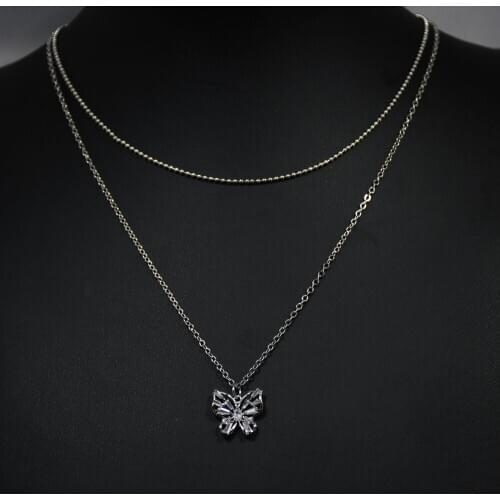 KBJW Original Butterfly Pendant Necklace 2 Layers Chain CZ Stone Prong Setting Minimalist Butterfly Necklace 2020 New Jewelry