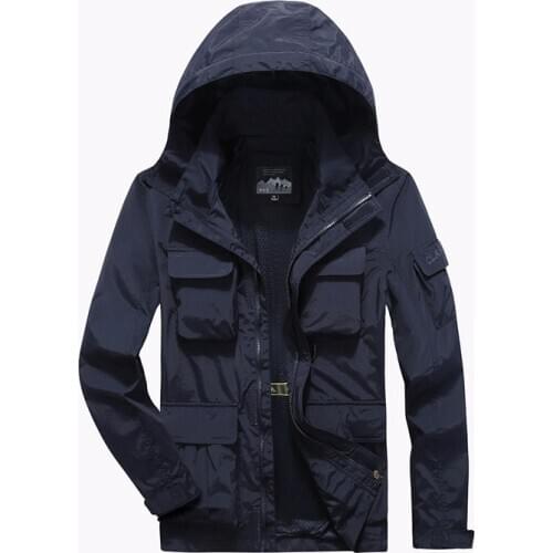 Mens Jacket Spring Autumn Outwear Windbreaker Coat Men Casual Hooded Overcoat Multi-Pocket Male Loose Clothing Oversize 6XL 7XL