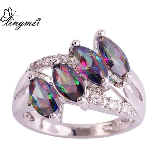 Lingmei New Jewelry Unisex Mysterious Rainbow White CZ Silver ColorRing For Fashion Women Size 6-9 10 11 Wholesale