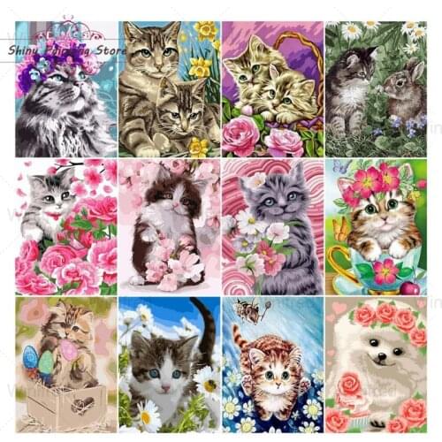 5D DIY Diamond Painting Kit Cute Cat Flower Full Drill Diamond Embroidery Animal Picture of Rhinestones Cross Stitch Decor Gift