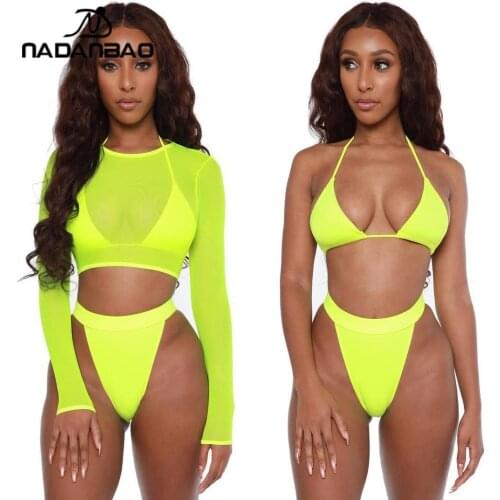 NADANBAO New Fluorescent Solid Color Bikini Long Sleeve 3-Pieces Swimwear Sexy Swimming Sports Wear Elastic Skinny Beach Bikini