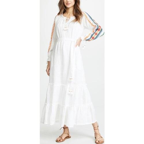 GypsyLady Floral Embroidery Maxi Dress Cotton Autumn Long Sleeve Dresses for Women Belted Trims Ruffles Holiday Ladies Dress New