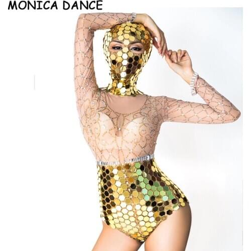 Sexy Stage Gold Mirror Silver Rhinestone Transparent Bodysuit Headdress Women Dancer Prom Wear Birthday Celebrate Bodysuit