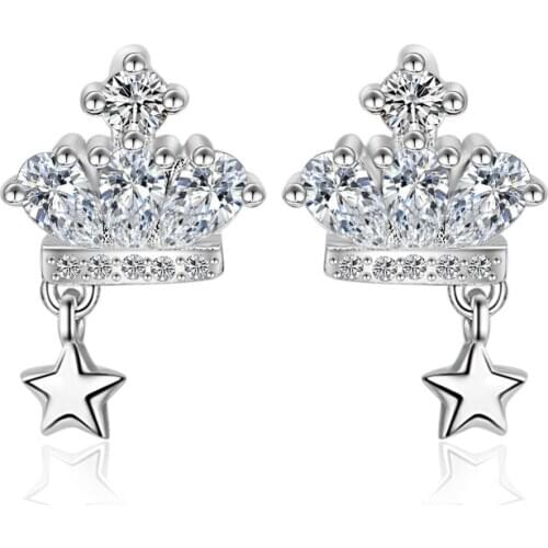 Hot Sale Fashion Jewelry New Design Crown Shiny Zircon 925 Sterling Silver Stud Earrings for Women Girls Gift Wholesale