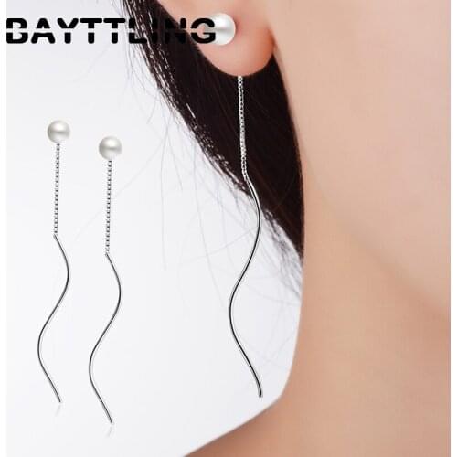 BAYTTLING New 925 Sterling Silver 70MM Long Tassel Wave Pendant Earrings For Women Fashion Wedding Pearl Jewelry Gifts