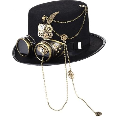 Steampunk Heavy Metal Gear Detachable Top Hat Wings Chain Punk Glasses Prom Hat Halloween Easter Hat