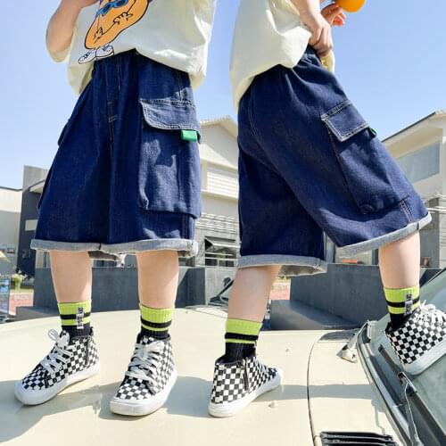 New Boys Shorts Summer Loose Jeans Teenagers Trouser Shorts Boys Casual Cargo Short Pants Childrens Elastic Waist Cotton Pants
