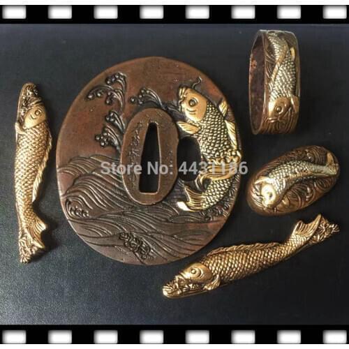Nice Fish Theme Handguard For Tanto Japanese Samurai Katana Wakizashi Sword DIY Copper Accessory Set Tsuba/Fuchi/Kashira/Menuki