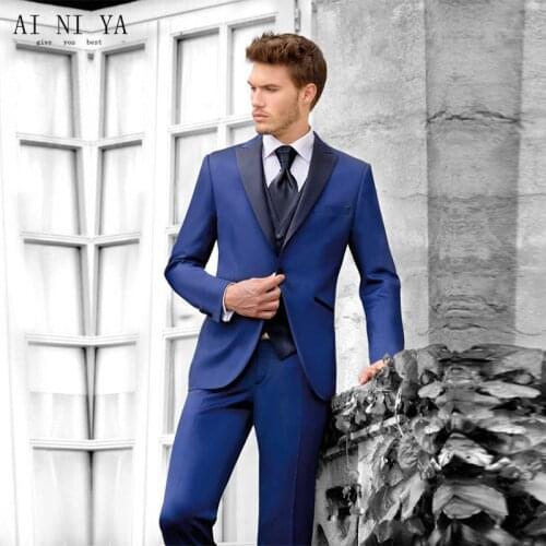 Custom Made Navy Blue Groom Tuxedos Black Lapel Blazer Slim Fit 3 Piece Mens Wedding Prom Party Suits(Jacket+Pants+Vest)