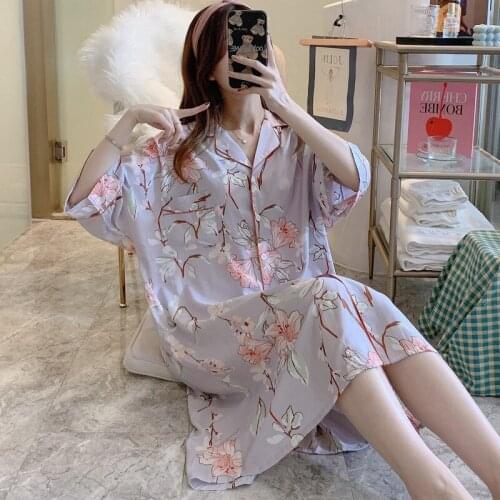 Women Nightgowns 3/4 Sleeves Nightshirt Turn-down Collar Button Down Midi Pajama Dress Plus Size Loose Sleepwear Sleeping Shirts