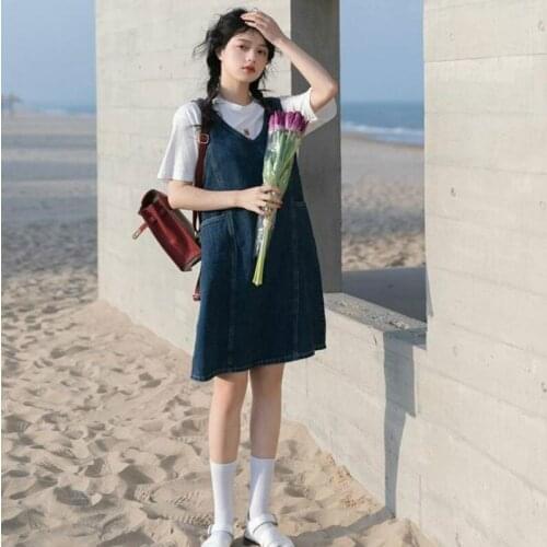 Dress Women Sleeveless Leisure V-neck Short Blue Denim Summer Dresses All-match Kawaii Girls Students Retro Streetwear Loose