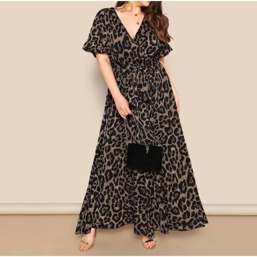 Fashion Sexy Plus Size Women Summer Dress Leopard Print V-Neck Loose Belt Streetwear Short Sleeve Bandage Maxi Dresses