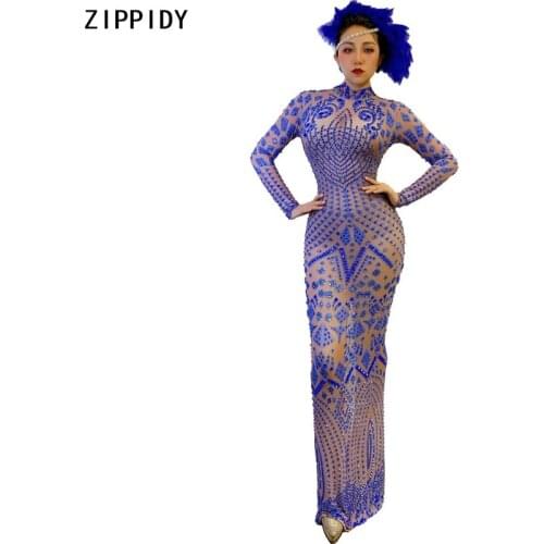 Glisten Blue Rhinestone Transparent Long Dress Prom Evening Birthday Celebrate Mesh Outfit Women Dancer Show Dress